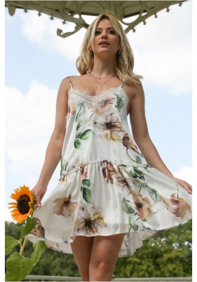 Vzdušné letní šaty s květinovými motivy, krémovohnedé