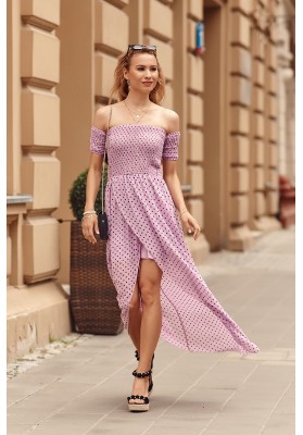 Asymetrické šaty s prodlouženým zadním dílem, fialové