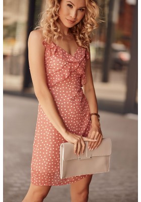 Letní šaty na tenká ramínka s ozdobným volánem v oblasti poprsí, růžové