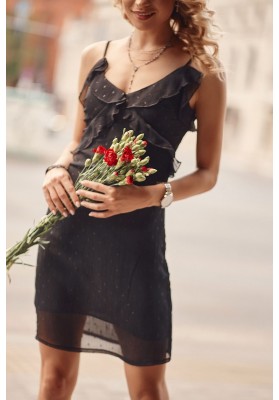Letní šaty na tenká ramínka s ozdobným volánem v oblasti poprsí, černé