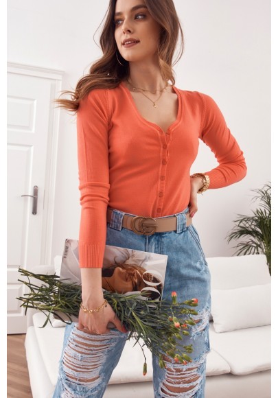 Tenký dámský svetr zapínaný na knoflíky s výstřihem, oranžový