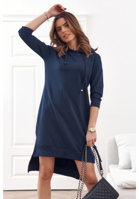 Pohodlné, jednoduché bavlněné šaty s kapucí, modré